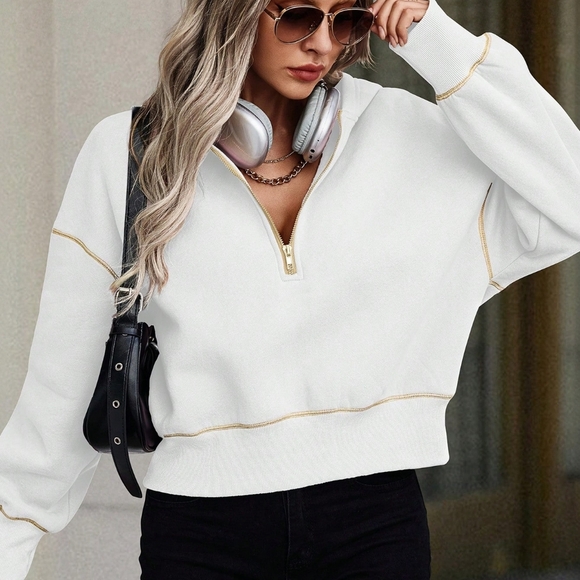 Women's Contrast Color Trim Long Sleeve Front Zipper Minimalist - Picture 1 of 4